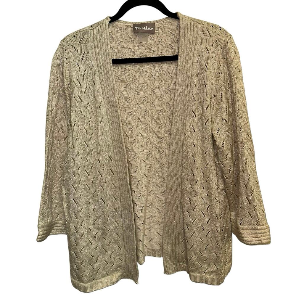Tanjay Gold Metallic Open Cardigan Pointelle‎ Knit Sweater Women's Large